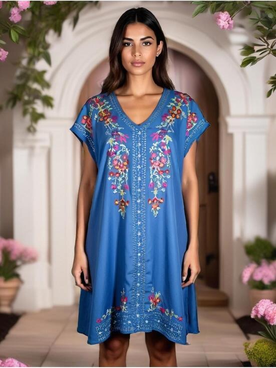 Dresses & Skirts - MISSLOOK Sleeveless Floral Embroidery Boho Blue Dress Size M Spring Ethnic Beach